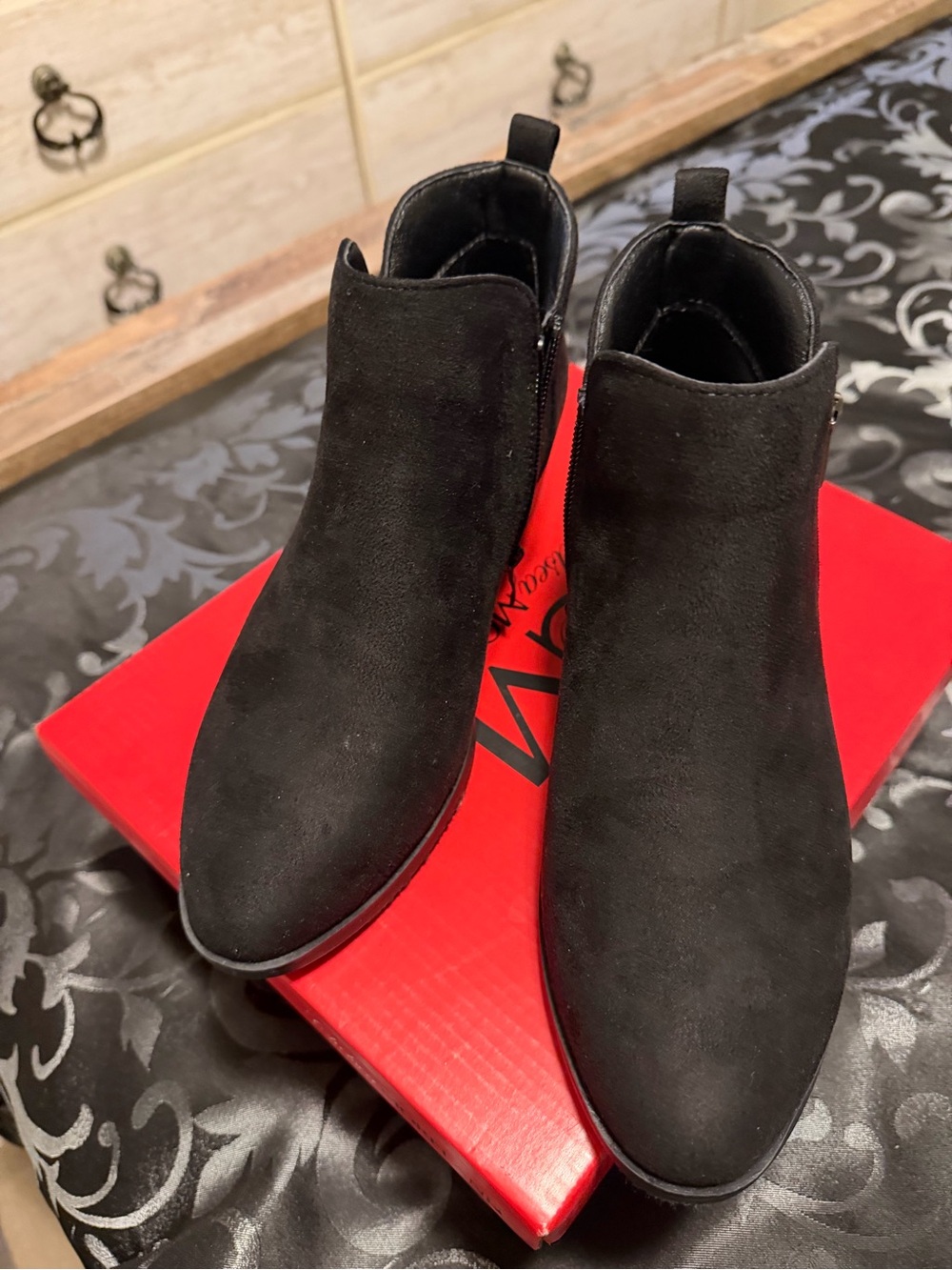 Women's Black Suede-Look Ankle Booties with Side Zip